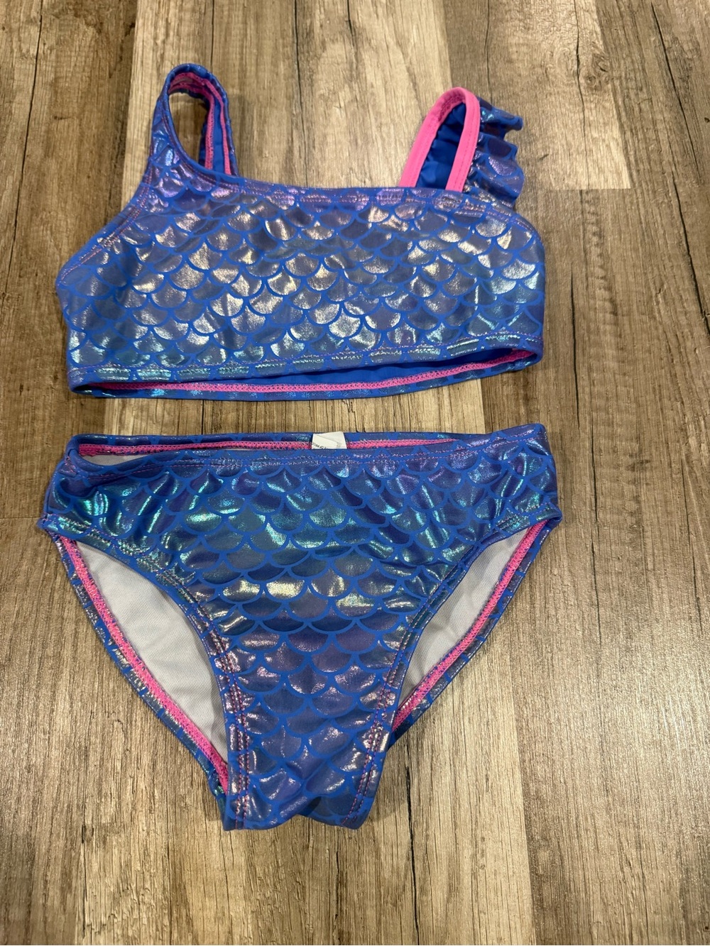Girls Shimmery Blue Mermaid-Scale Bikini Set with Pink Trim